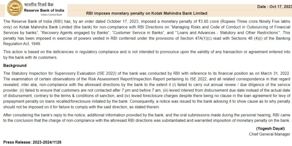 RBI penalty Kotak Mahindra Bank